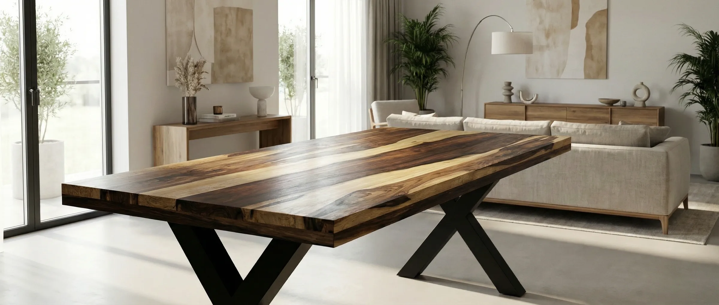 Mesa de madera maciza con base de hierro en X, en un comedor